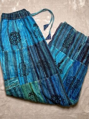 Ashley Taylor Pants Loose Fit Boho Hippie Patchwork Harem Blue Green One Size